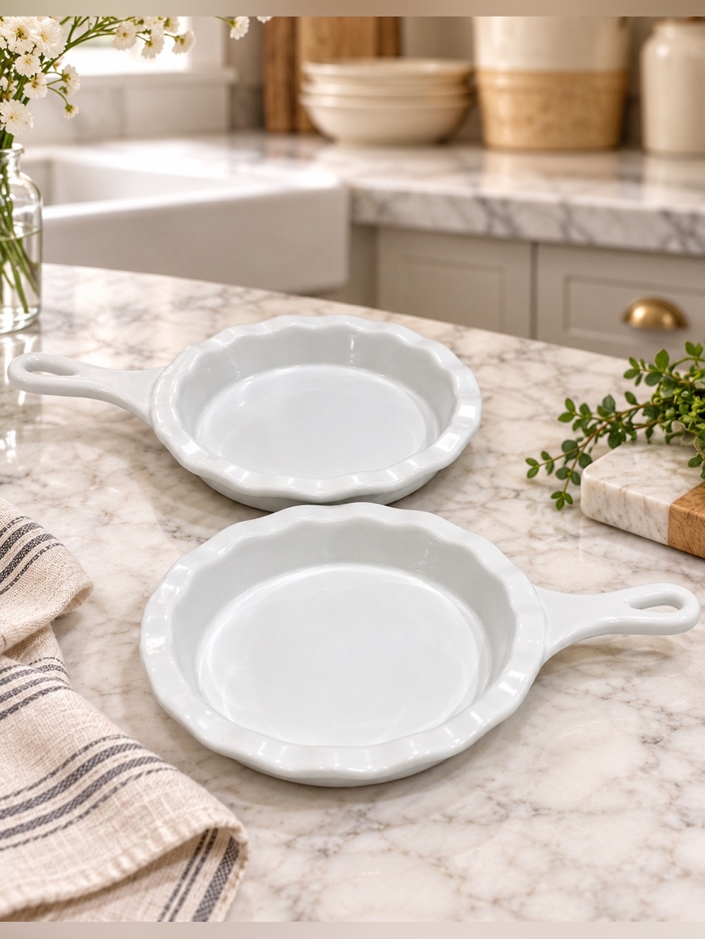 TWO (2) Modern Gourmet Foods White Ceramic 7” Pie Dish Handle Ruffled Edge